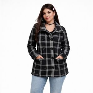 Billabong Plaid Knit Pea Coat Double Breasted Jacket Black Gray Small Y2K Grunge